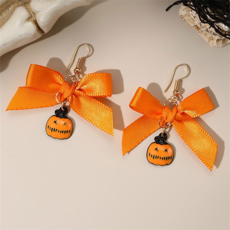 Bowknot Ribbon Pumpkin Head Earrings Halloween Female Accessories 2668south