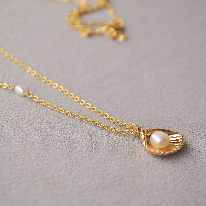 Brass Gold-plated Minimalist Gold Shell Freshwater Pearl Necklace 2668south