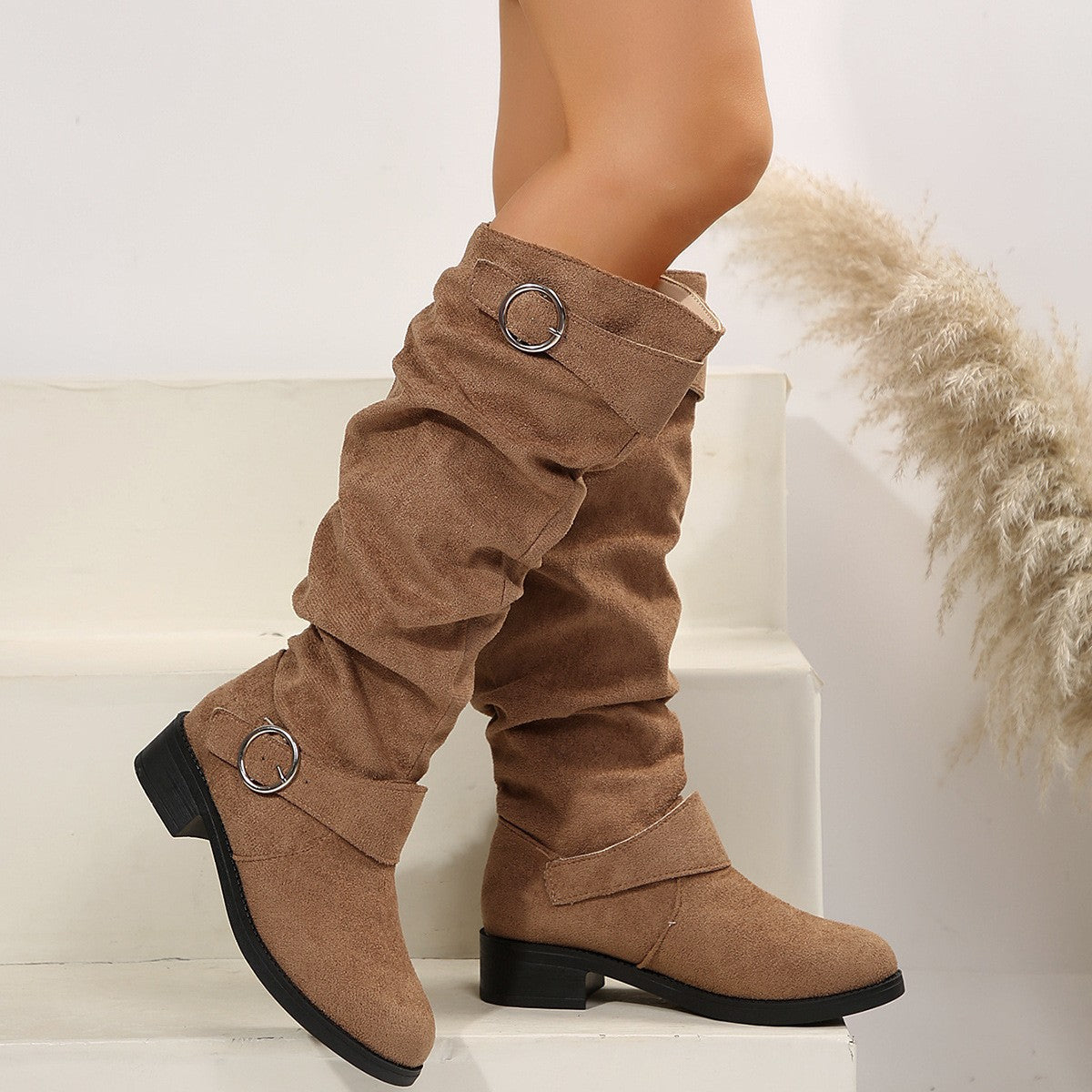 Buckle Round Toe Block Heel Boots 2668south