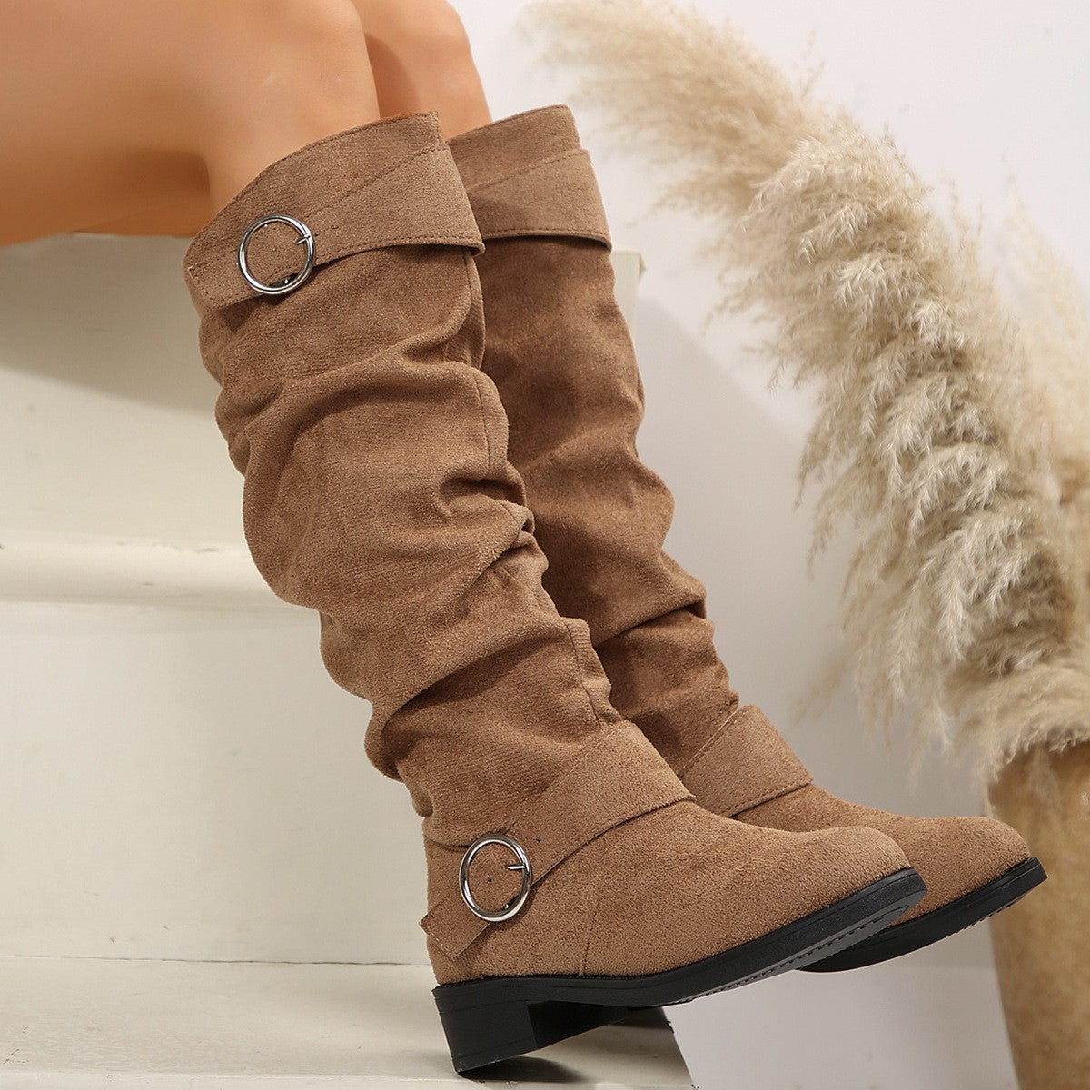 Buckle Round Toe Block Heel Boots 2668south