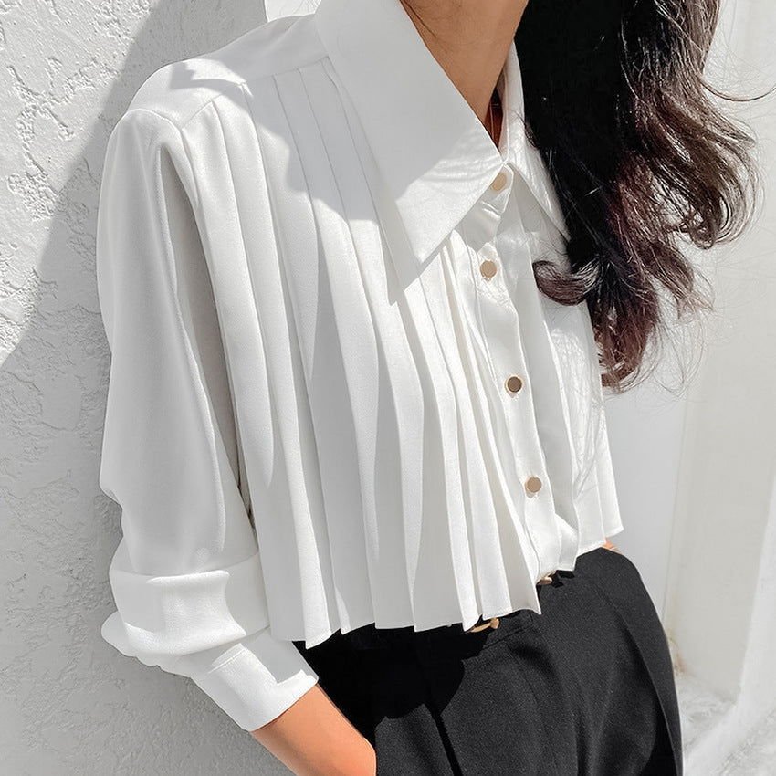 Casual Chiffon White Pleated Long Sleeve Shirt 2668south