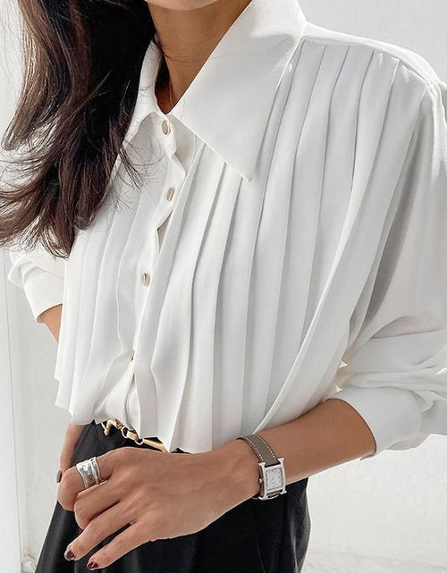 Load image into Gallery viewer, Casual Chiffon White Pleated Long Sleeve Shirt 2668south
