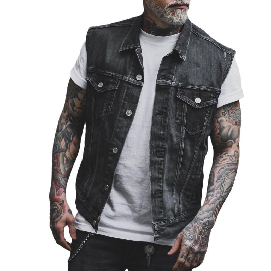 Casual Men's Clothing Denim Jacket Sleeveless Turn-down Collar Coat 2668south