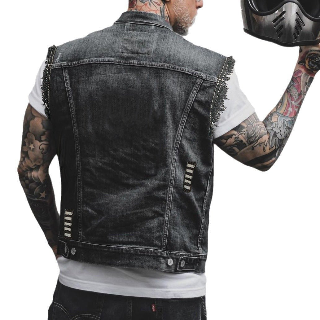 Casual Men's Clothing Denim Jacket Sleeveless Turn-down Collar Coat 2668south