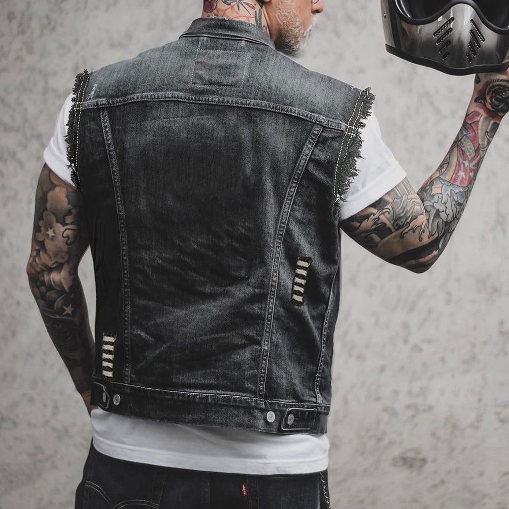 Casual Men's Clothing Denim Jacket Sleeveless Turn-down Collar Coat 2668south