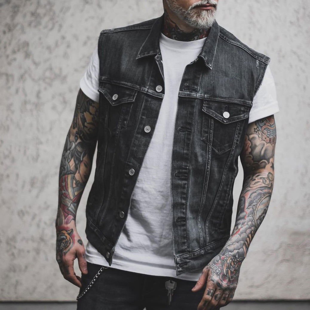 Casual Men's Clothing Denim Jacket Sleeveless Turn-down Collar Coat 2668south