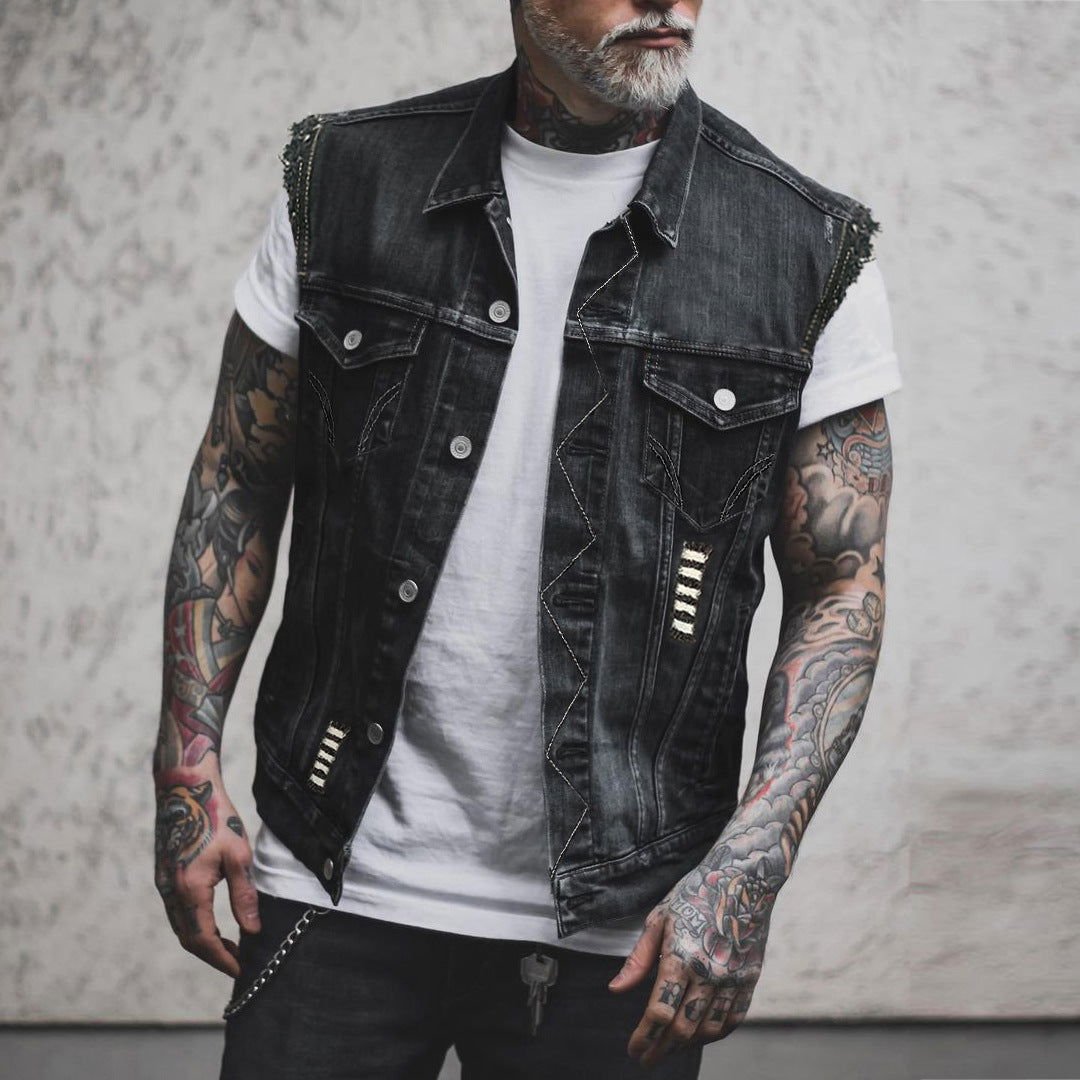 Casual Men's Clothing Denim Jacket Sleeveless Turn-down Collar Coat 2668south