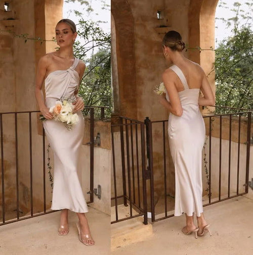 Load image into Gallery viewer, Champagne Colored Satin Covered Simple Dress 2668south
