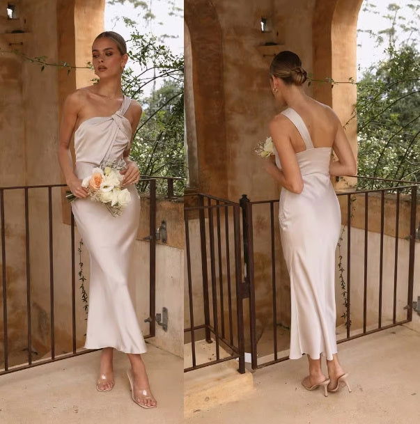 Champagne Colored Satin Covered Simple Dress 2668south