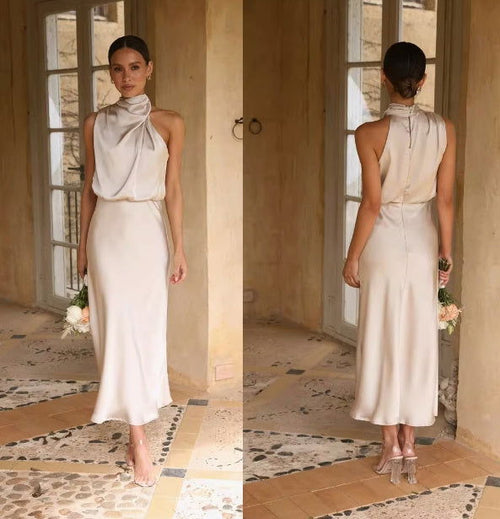 Load image into Gallery viewer, Champagne Colored Satin Covered Simple Dress 2668south
