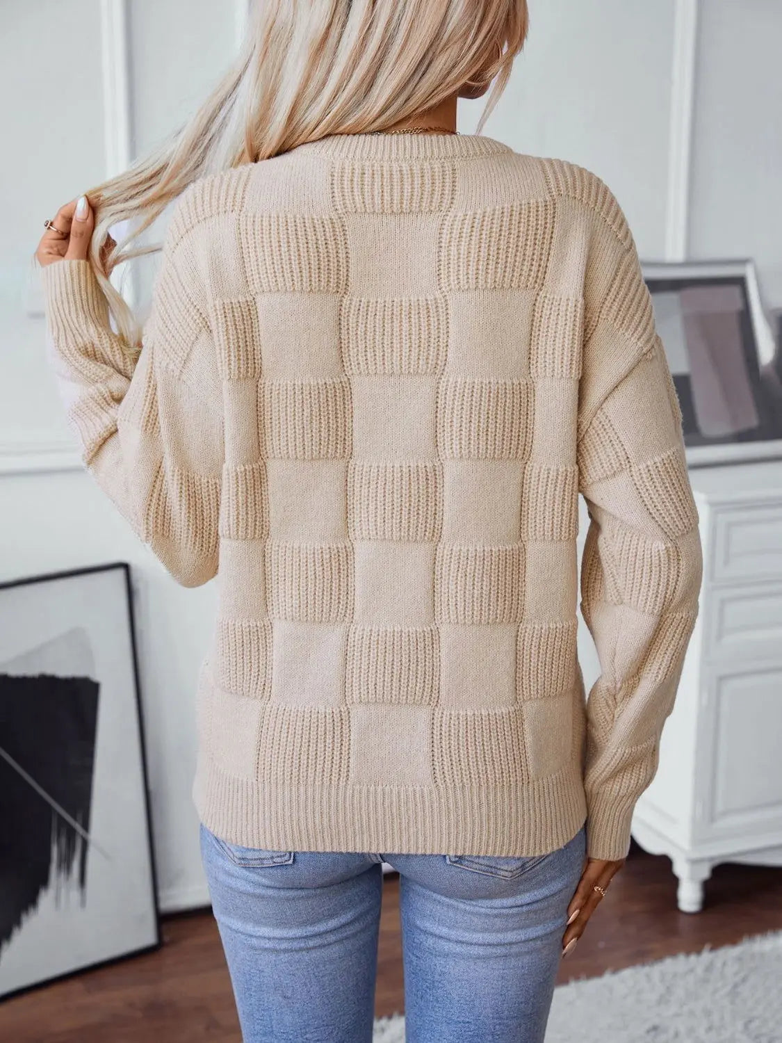 Checkered Round Neck Long Sleeve Sweater 2668south