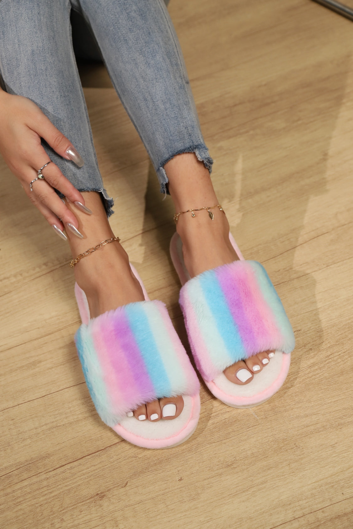 Color Block Open Toe Faux Fur PVC Slippers 2668south