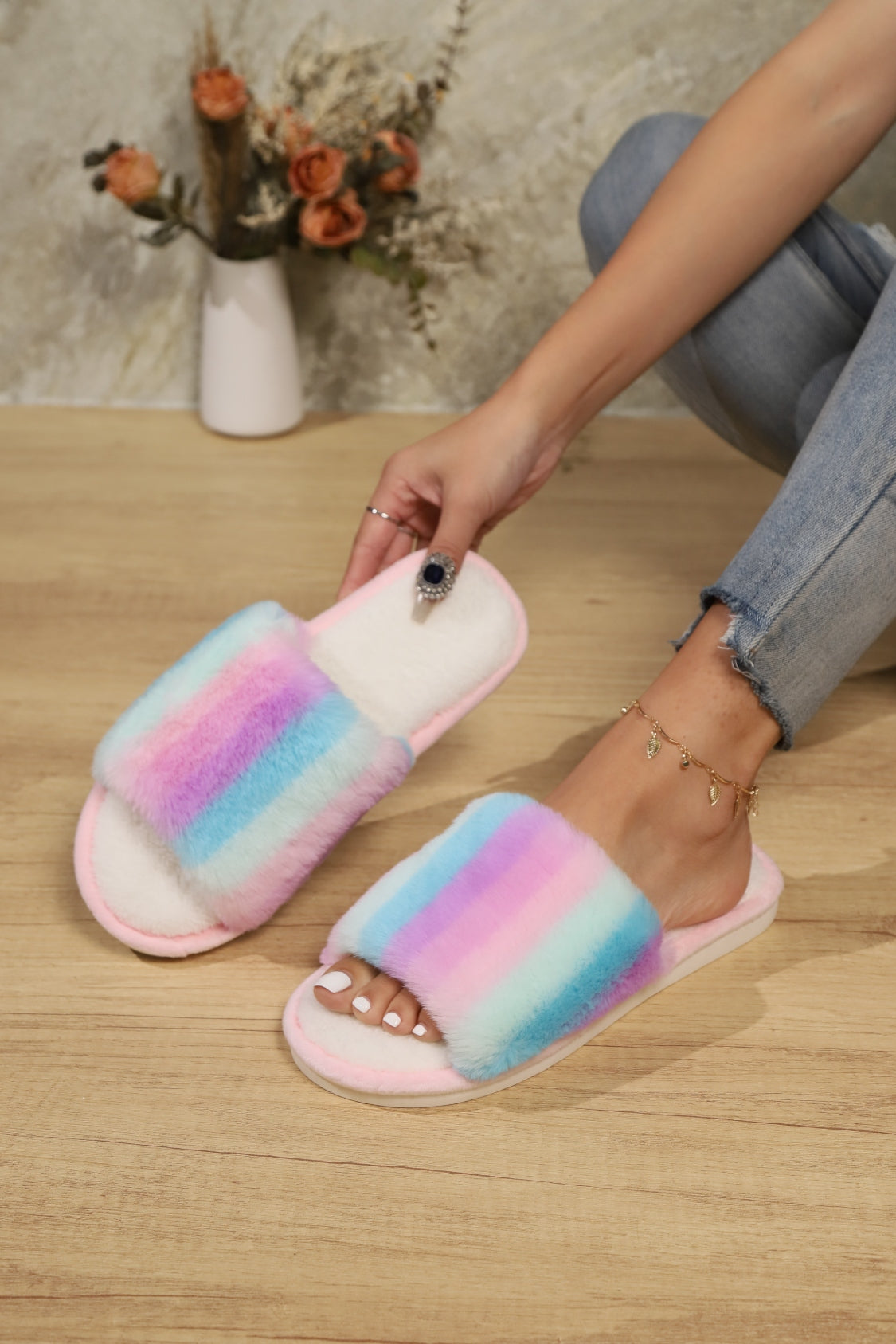 Color Block Open Toe Faux Fur PVC Slippers 2668south