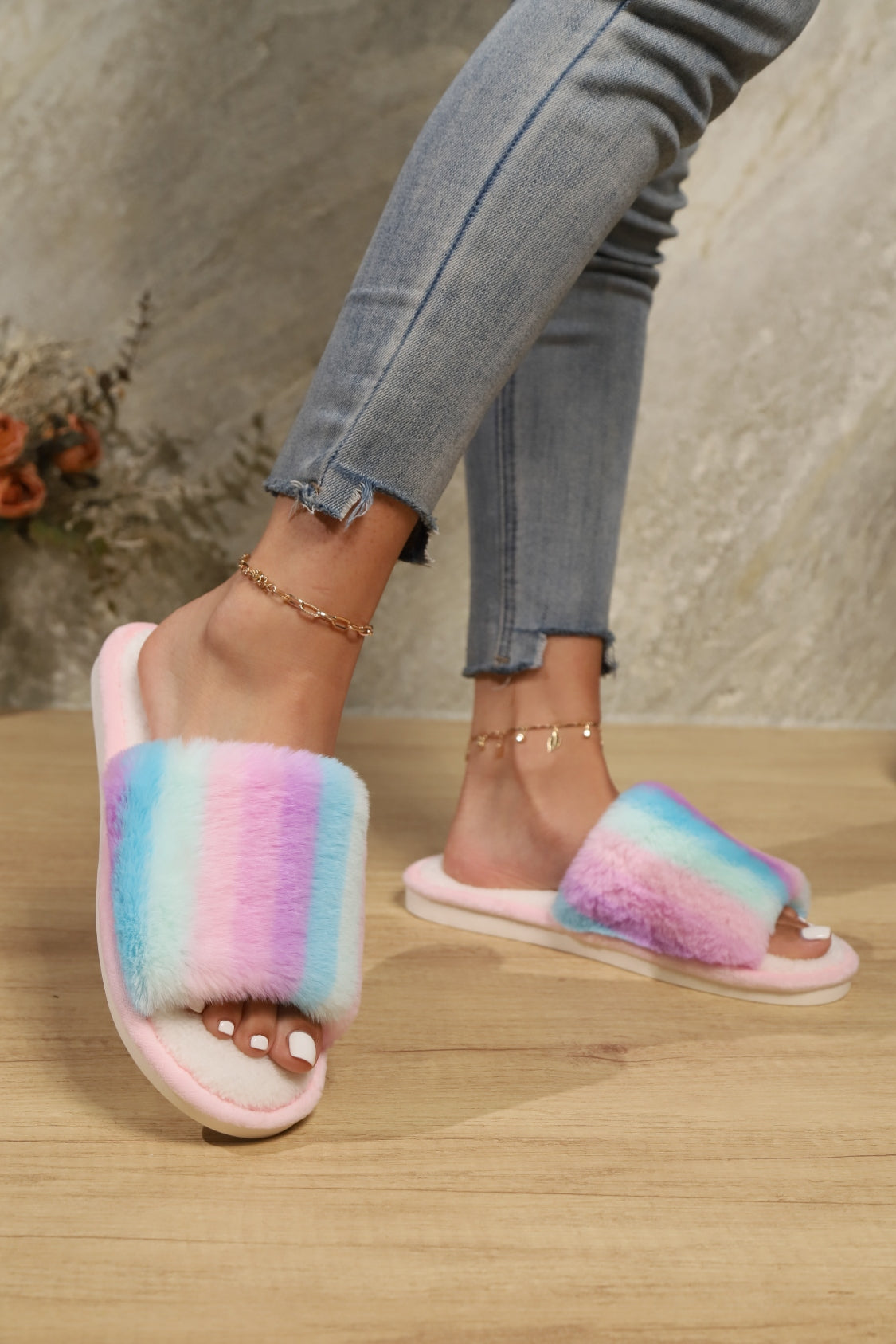 Color Block Open Toe Faux Fur PVC Slippers 2668south