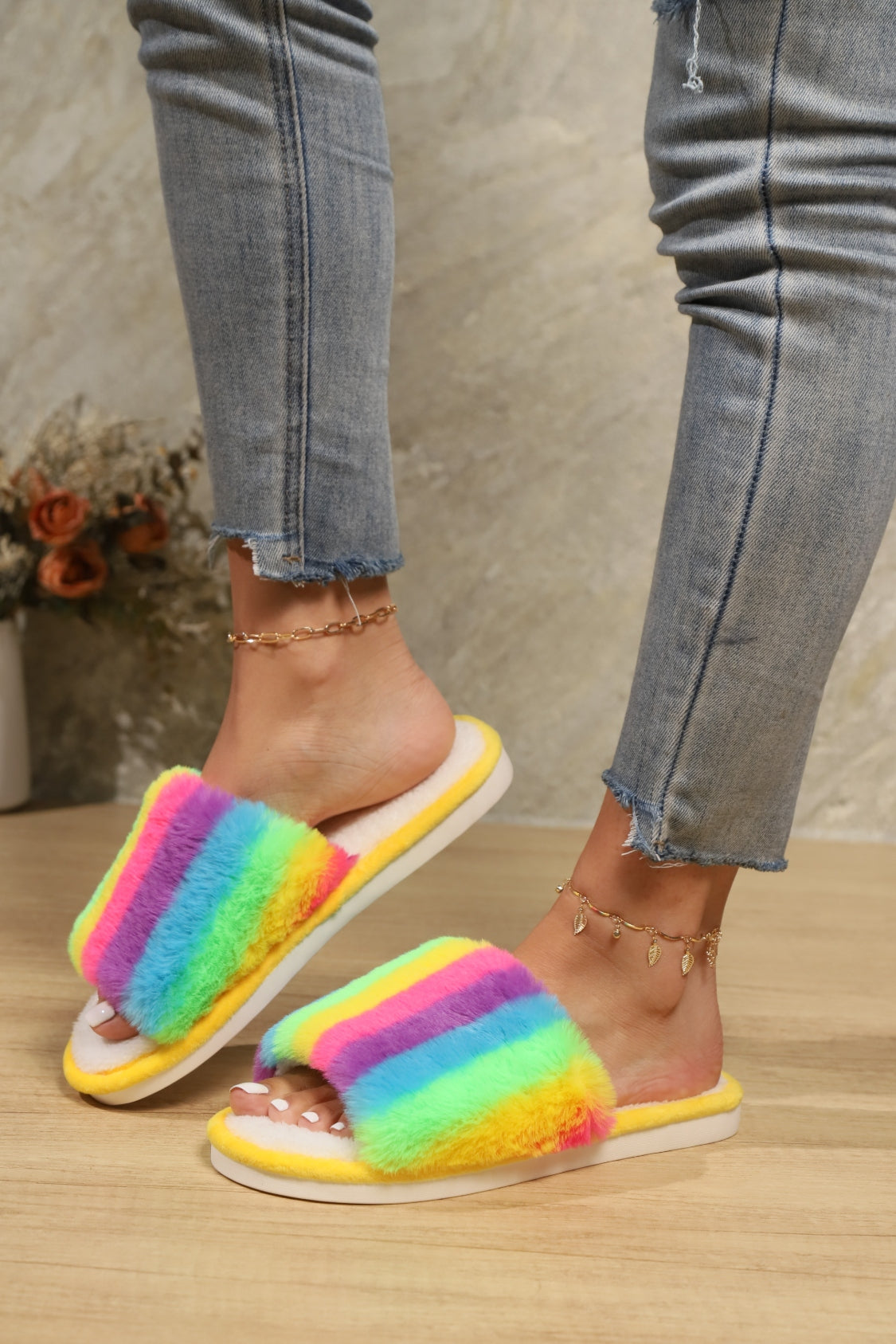 Color Block Open Toe Faux Fur PVC Slippers 2668south