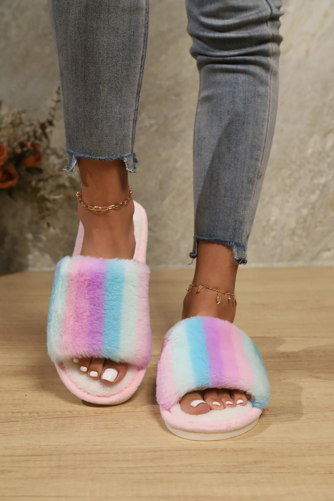 Color Block Open Toe Faux Fur PVC Slippers 2668south