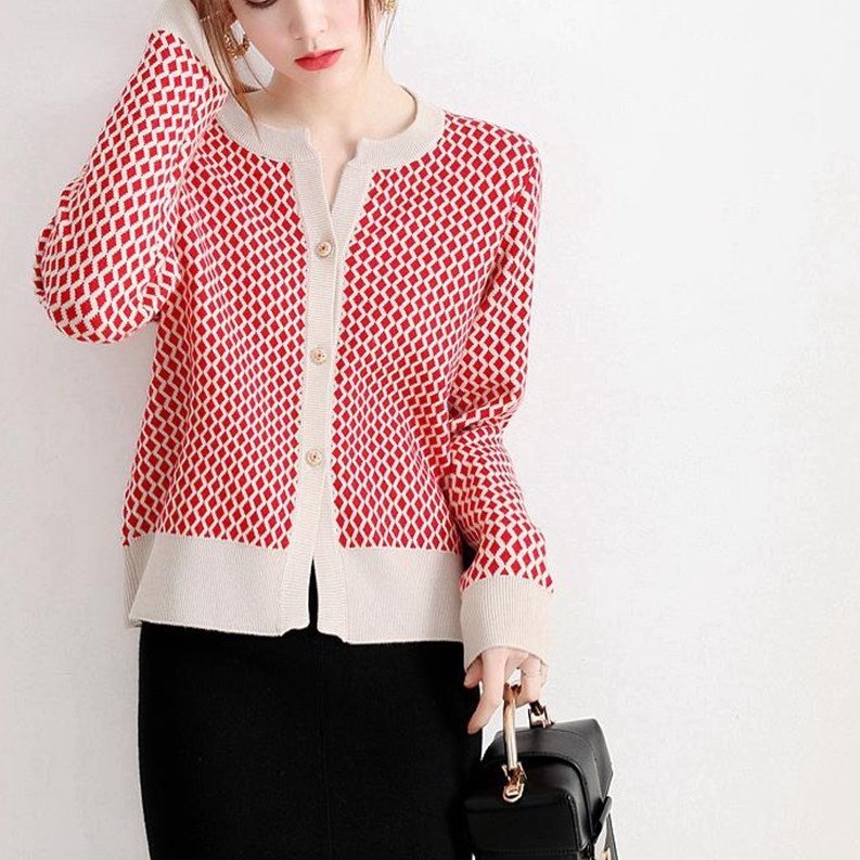 Commuter Loose Small Plaid Knitted Cardigan Coat For Women 2668south