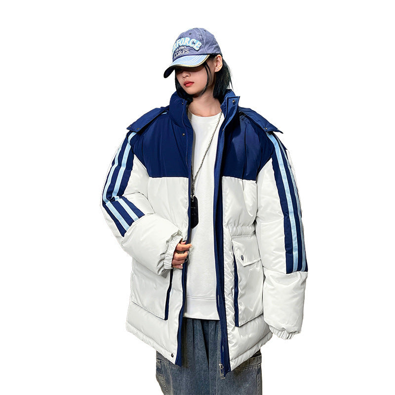 Cotton-padded Coat Large Striped Style With Pockets Color Matching 2668south