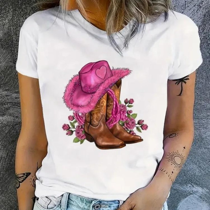 Cowgirl Floral Print T-shirts Women Summer Tshirt Lady Rive 2668south