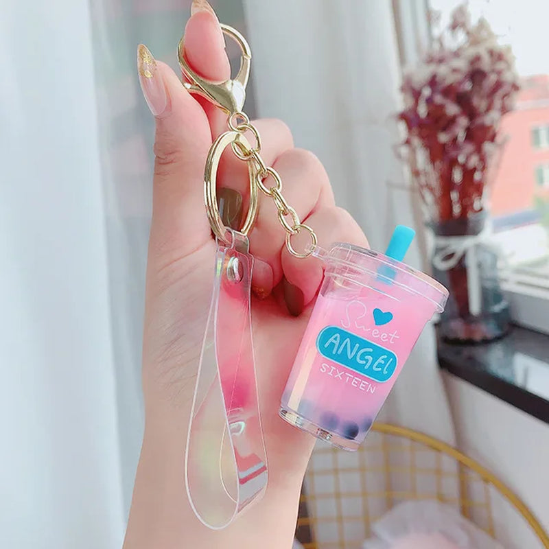 Creative Floating Unicorn Milk Tea Cup Bottle Keychain Cute Fruit Daisy Cat Bubble Tea Quicksand Sequins Liquid Car Keys Chain 2668south