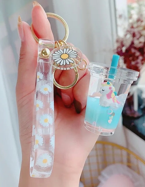 Load image into Gallery viewer, Creative Floating Unicorn Milk Tea Cup Bottle Keychain Cute Fruit Daisy Cat Bubble Tea Quicksand Sequins Liquid Car Keys Chain 2668south
