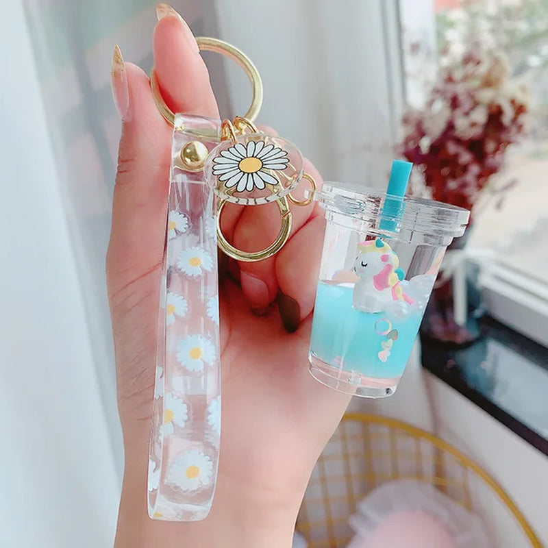 Creative Floating Unicorn Milk Tea Cup Bottle Keychain Cute Fruit Daisy Cat Bubble Tea Quicksand Sequins Liquid Car Keys Chain 2668south