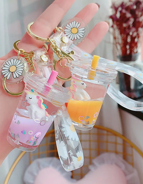 Load image into Gallery viewer, Creative Floating Unicorn Milk Tea Cup Bottle Keychain Cute Fruit Daisy Cat Bubble Tea Quicksand Sequins Liquid Car Keys Chain 2668south
