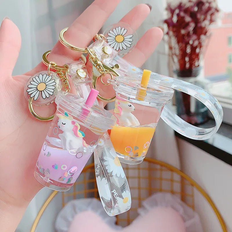 Creative Floating Unicorn Milk Tea Cup Bottle Keychain Cute Fruit Daisy Cat Bubble Tea Quicksand Sequins Liquid Car Keys Chain 2668south