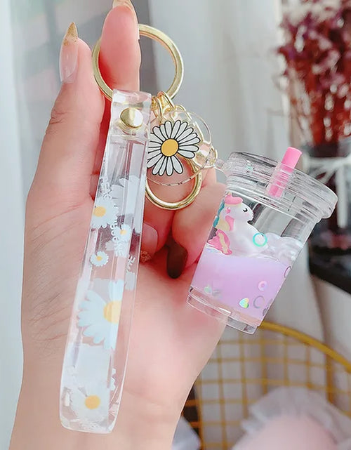 Load image into Gallery viewer, Creative Floating Unicorn Milk Tea Cup Bottle Keychain Cute Fruit Daisy Cat Bubble Tea Quicksand Sequins Liquid Car Keys Chain 2668south
