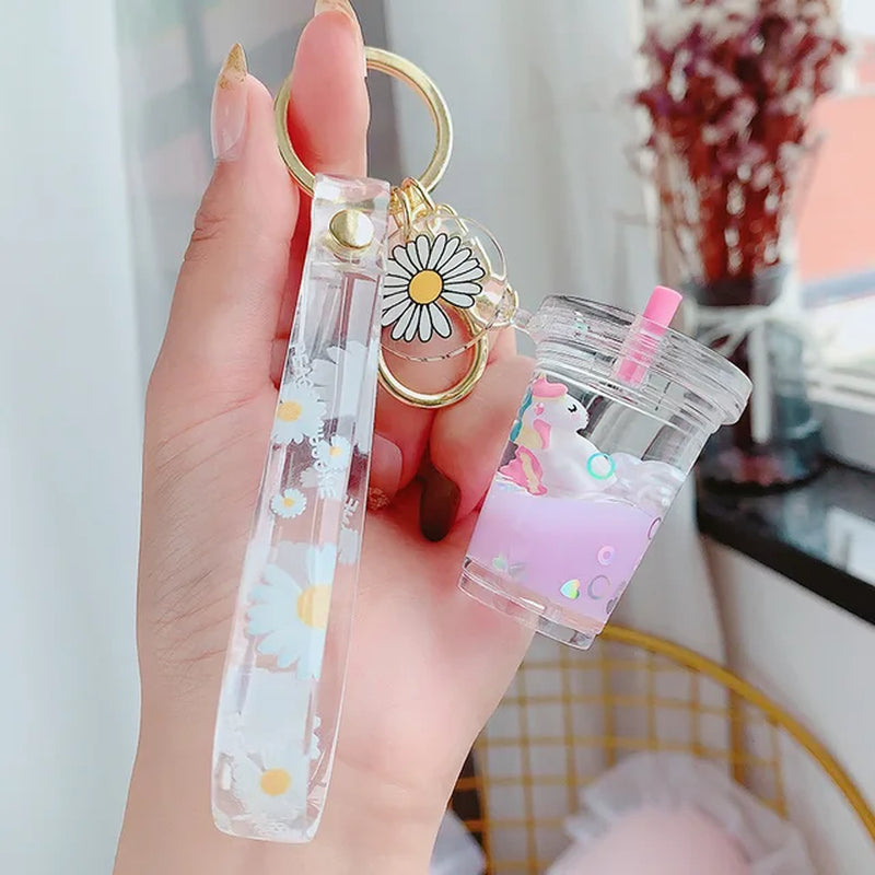 Creative Floating Unicorn Milk Tea Cup Bottle Keychain Cute Fruit Daisy Cat Bubble Tea Quicksand Sequins Liquid Car Keys Chain 2668south