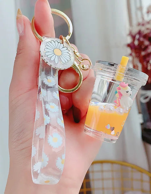 Load image into Gallery viewer, Creative Floating Unicorn Milk Tea Cup Bottle Keychain Cute Fruit Daisy Cat Bubble Tea Quicksand Sequins Liquid Car Keys Chain 2668south
