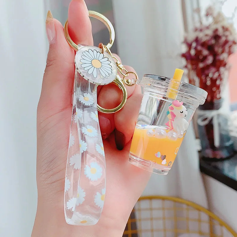 Creative Floating Unicorn Milk Tea Cup Bottle Keychain Cute Fruit Daisy Cat Bubble Tea Quicksand Sequins Liquid Car Keys Chain 2668south