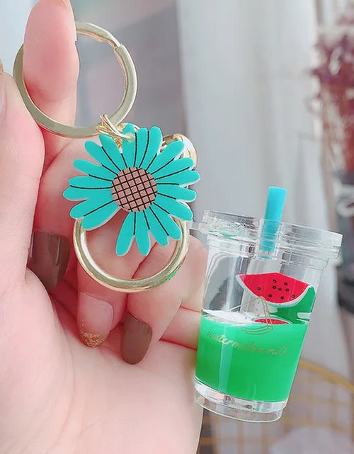 Load image into Gallery viewer, Creative Floating Unicorn Milk Tea Cup Bottle Keychain Cute Fruit Daisy Cat Bubble Tea Quicksand Sequins Liquid Car Keys Chain 2668south
