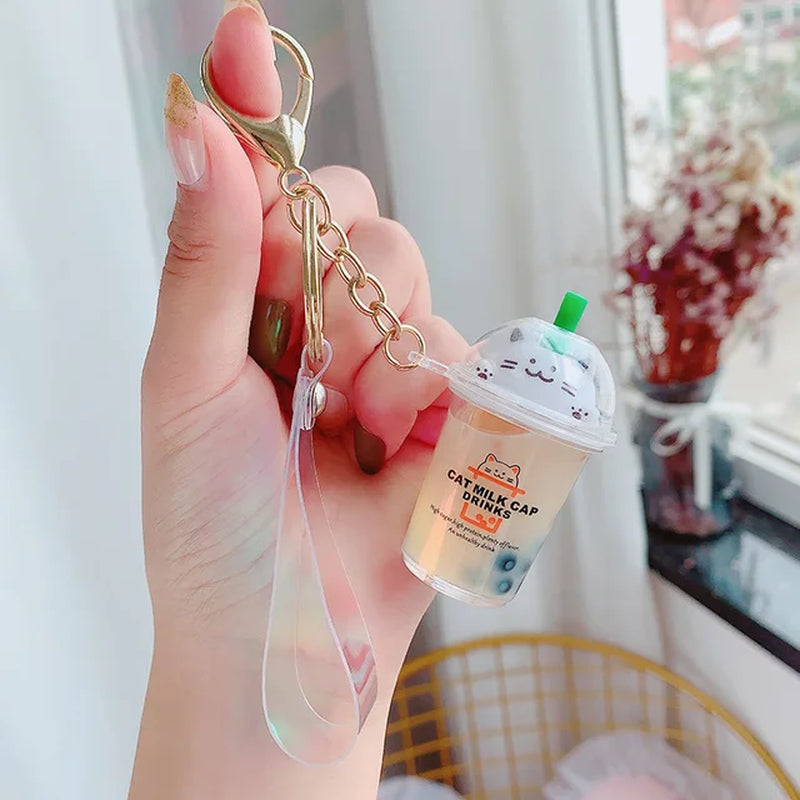 Creative Floating Unicorn Milk Tea Cup Bottle Keychain Cute Fruit Daisy Cat Bubble Tea Quicksand Sequins Liquid Car Keys Chain 2668south