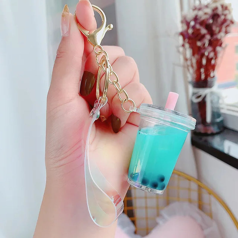 Creative Floating Unicorn Milk Tea Cup Bottle Keychain Cute Fruit Daisy Cat Bubble Tea Quicksand Sequins Liquid Car Keys Chain 2668south