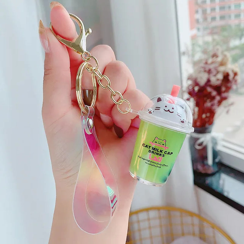 Creative Floating Unicorn Milk Tea Cup Bottle Keychain Cute Fruit Daisy Cat Bubble Tea Quicksand Sequins Liquid Car Keys Chain 2668south