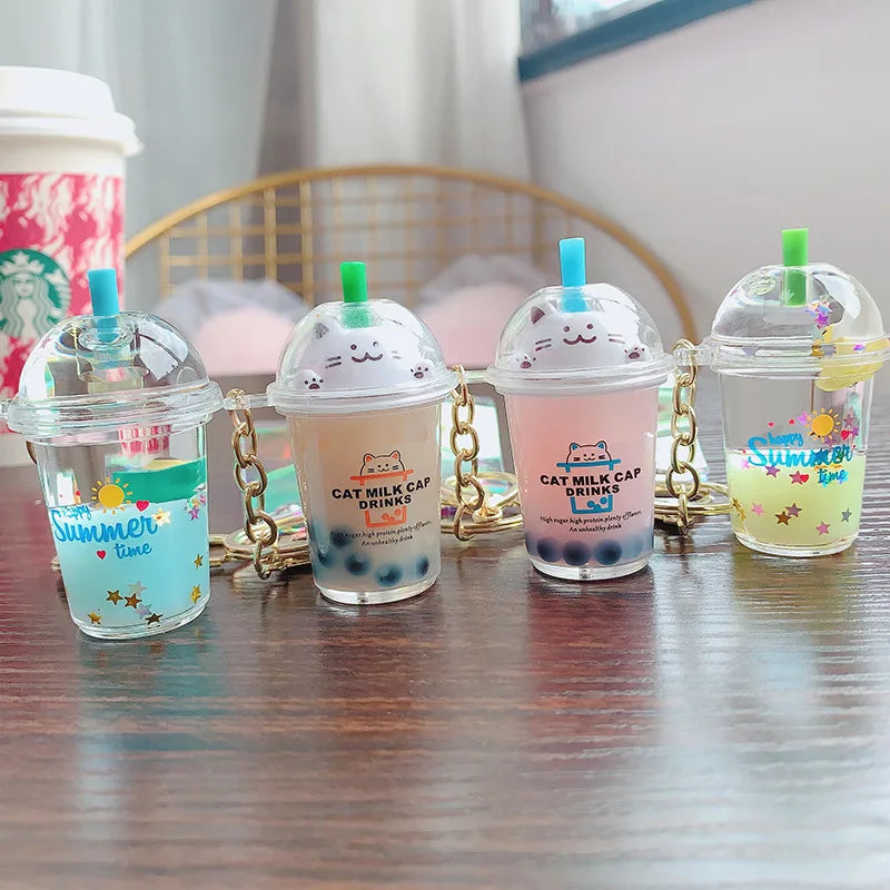 Creative Floating Unicorn Milk Tea Cup Bottle Keychain Cute Fruit Daisy Cat Bubble Tea Quicksand Sequins Liquid Car Keys Chain 2668south