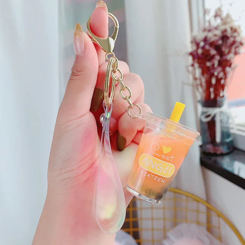 Creative Floating Unicorn Milk Tea Cup Bottle Keychain Cute Fruit Daisy Cat Bubble Tea Quicksand Sequins Liquid Car Keys Chain 2668south