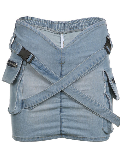 Load image into Gallery viewer, Cross School Bag Buckle Pleated V-shaped Waist Workwear With Pocket Denim Skirt 2668south
