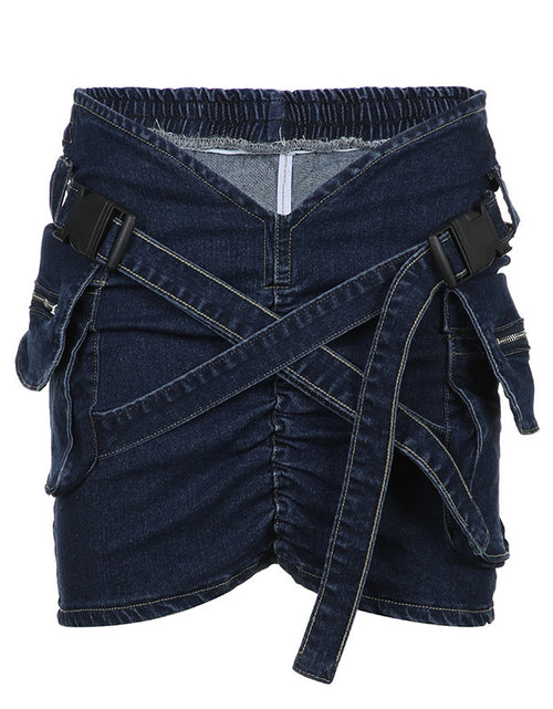 Load image into Gallery viewer, Cross School Bag Buckle Pleated V-shaped Waist Workwear With Pocket Denim Skirt 2668south
