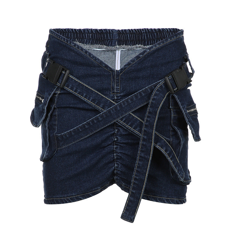 Cross School Bag Buckle Pleated V-shaped Waist Workwear With Pocket Denim Skirt 2668south