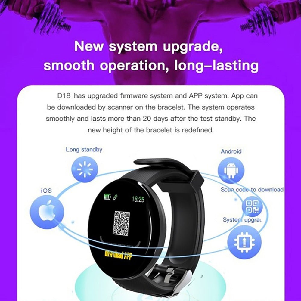 D18 Bluetooth Smart Watch, Men Women Blood Pressure Heart Rate Monitor Smart Watch, Pedometer Sport Tracker Smart Band For Android IOS 2668south