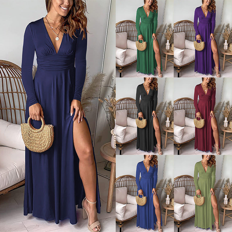 Deep V-neck Long Sleeve Dress Pleated Smocking High Waist Slit Club Party Evening Dress 2668south