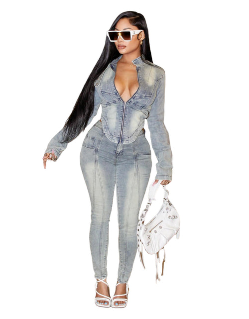 Load image into Gallery viewer, Denim Long-sleeved Tops Elastic Pants Suit 2668south
