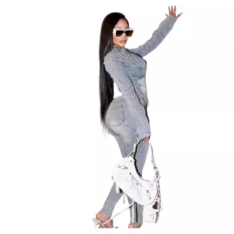 Denim Long-sleeved Tops Elastic Pants Suit 2668south