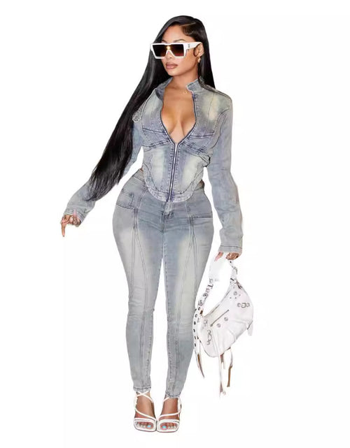 Load image into Gallery viewer, Denim Long-sleeved Tops Elastic Pants Suit 2668south
