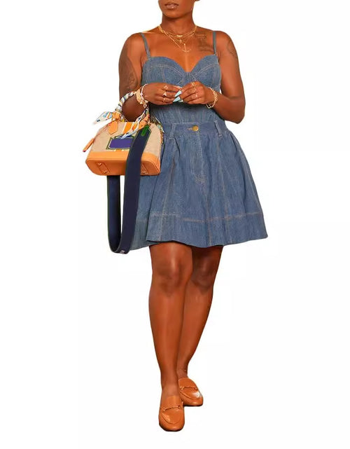 Load image into Gallery viewer, Denim Sling Top Narrow Hem Dress Suit 2668south
