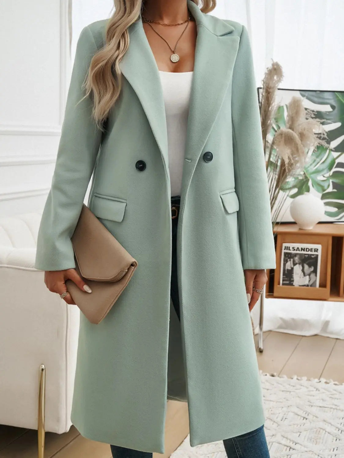 Devine Pocketed Collared Neck Long Sleeve Coat 2668south