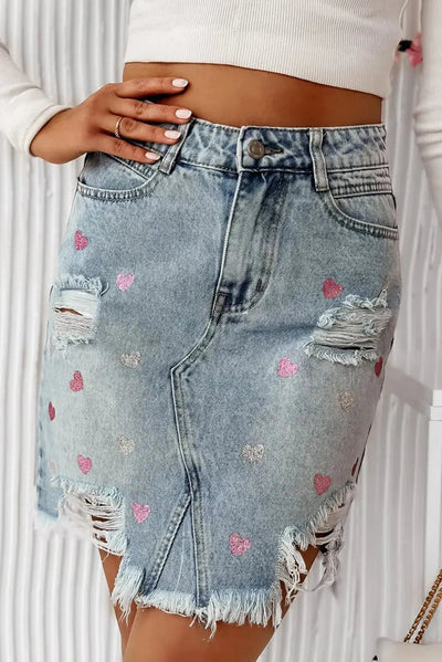 Distressed Raw Hem Heart Mini Denim Skirt 2668south