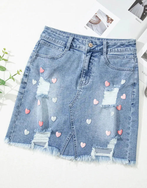 Load image into Gallery viewer, Distressed Raw Hem Heart Mini Denim Skirt 2668south
